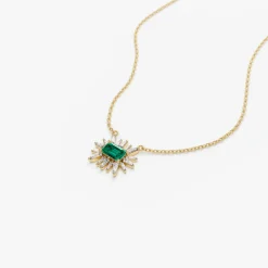 14k Tapered Baguette Diamond & Emerald Necklace