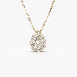 14k Teardrop Shape Baguette and Round Diamond Statement Necklace