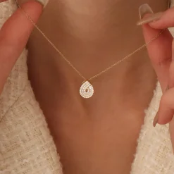 14k Teardrop Shape Baguette and Round Diamond Statement Necklace