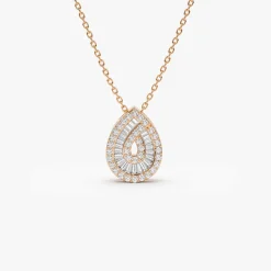 14k Teardrop Shape Baguette and Round Diamond Statement Necklace