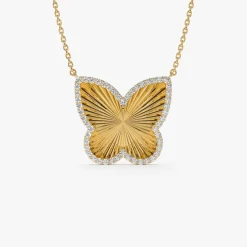 14K Textured Diamond Butterfly Charm Pendant