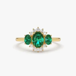 14k Three Stone Emerald Cluster Ring