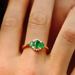 14k Three Stone Emerald Cluster Ring