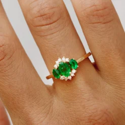14k Three Stone Emerald Cluster Ring