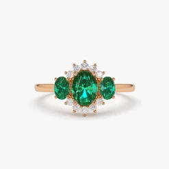 14k Three Stone Emerald Cluster Ring