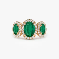 14K Three Stone Emerald Diamond Engagement Ring