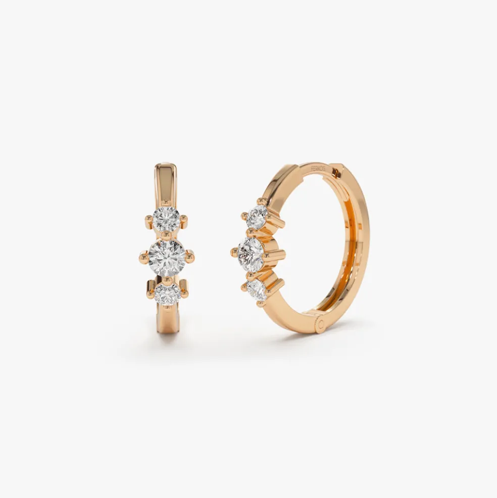 14k Three Stone Mini Diamond Huggies