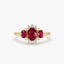 14k Three Stone Ruby Cluster Ring