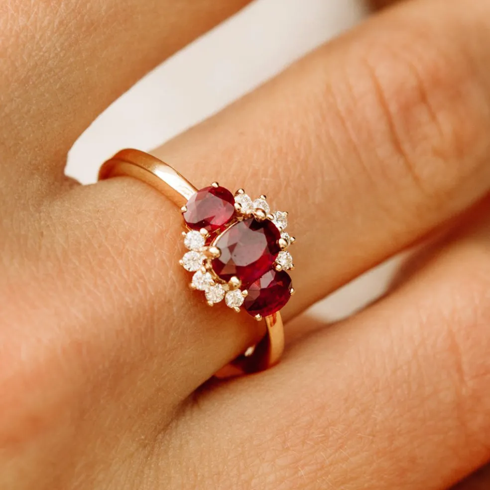 14k Three Stone Ruby Cluster Ring