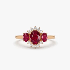 14k Three Stone Ruby Cluster Ring