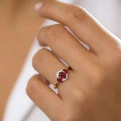 14k Three Stone Ruby Cluster Ring