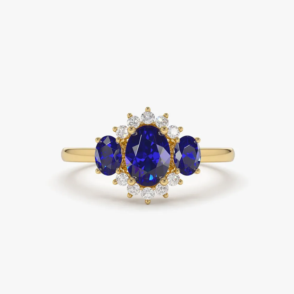 14k Three Stone Sapphire Cluster Ring