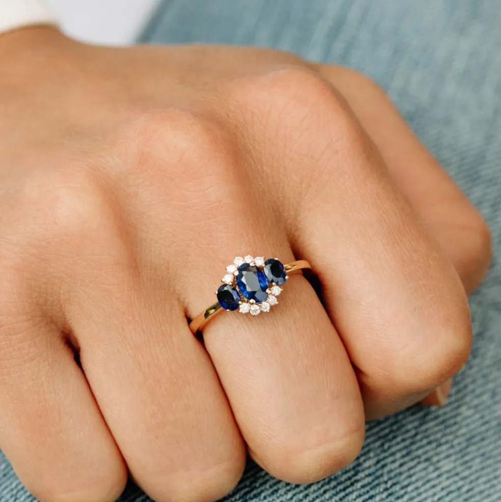 14k Three Stone Sapphire Cluster Ring