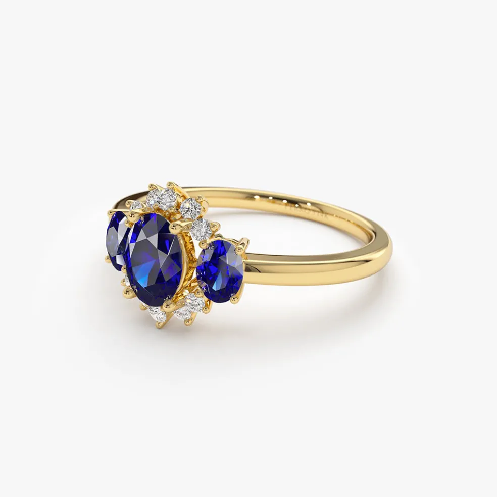 14k Three Stone Sapphire Cluster Ring