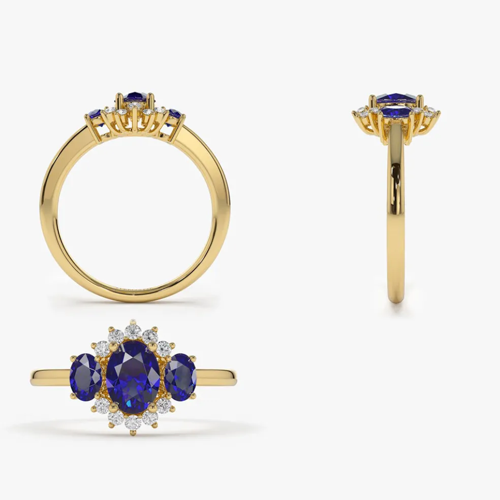 14k Three Stone Sapphire Cluster Ring