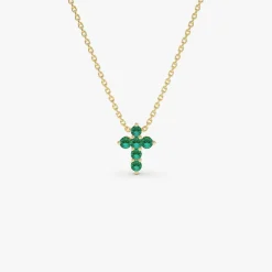 14K Tiny Emerald Cross Necklace