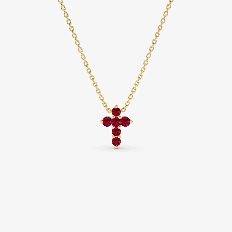 14K Tiny Ruby Cross Necklace