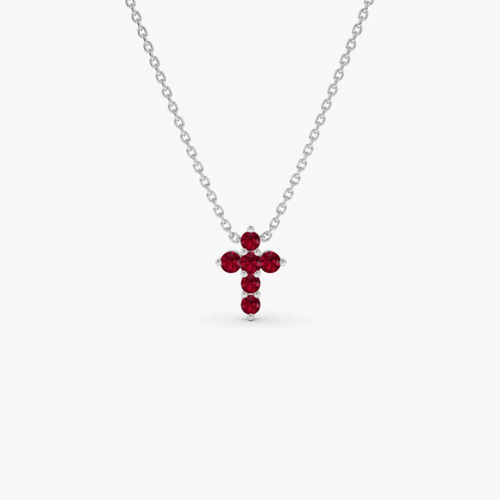 14K Tiny Ruby Cross Necklace