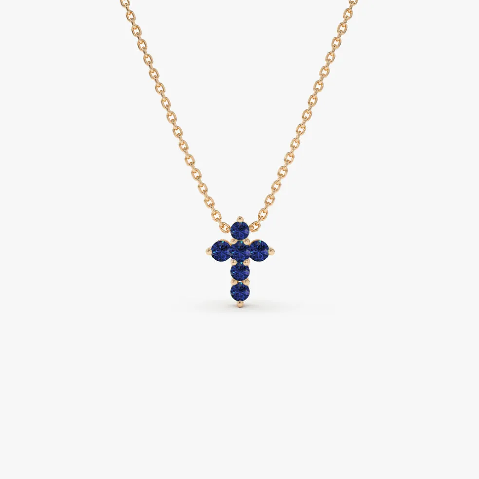 14K Tiny Sapphire Cross Necklace