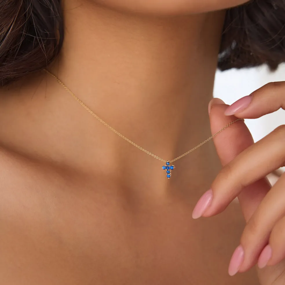 14K Tiny Sapphire Cross Necklace
