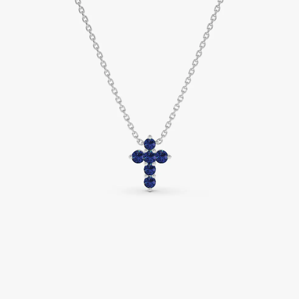 14K Tiny Sapphire Cross Necklace