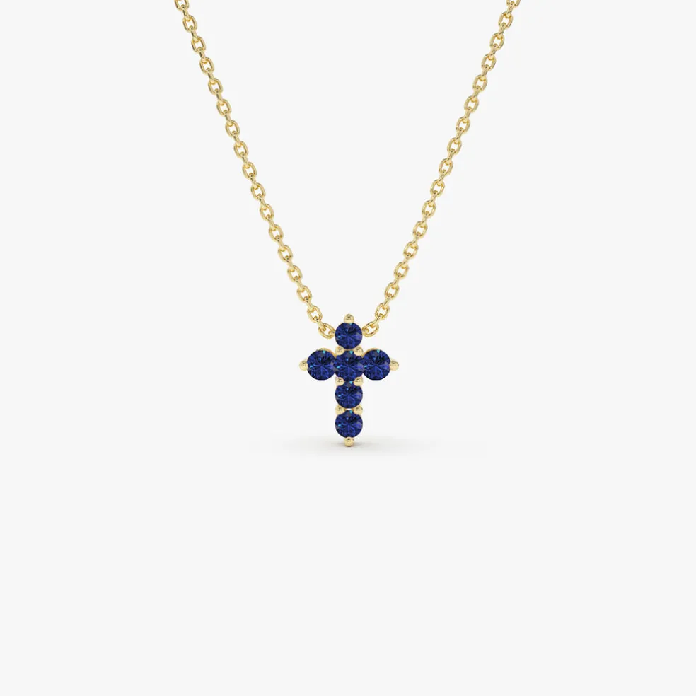 14K Tiny Sapphire Cross Necklace