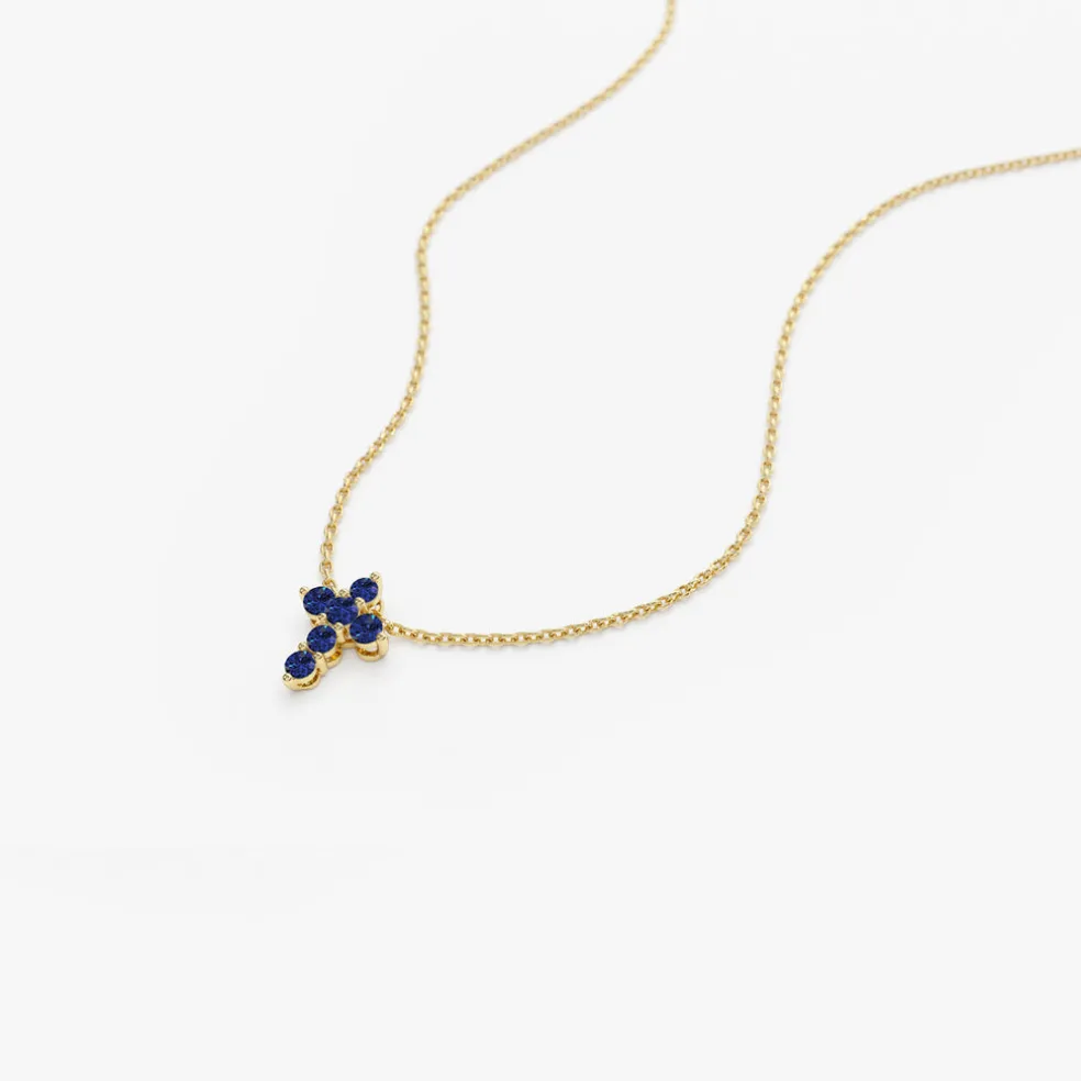 14K Tiny Sapphire Cross Necklace