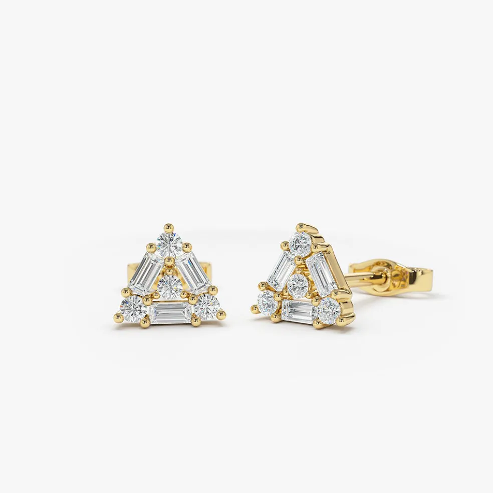 14k Triangle Shaped Round & Baguette Diamond Studs