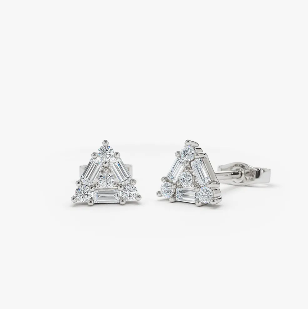14k Triangle Shaped Round & Baguette Diamond Studs