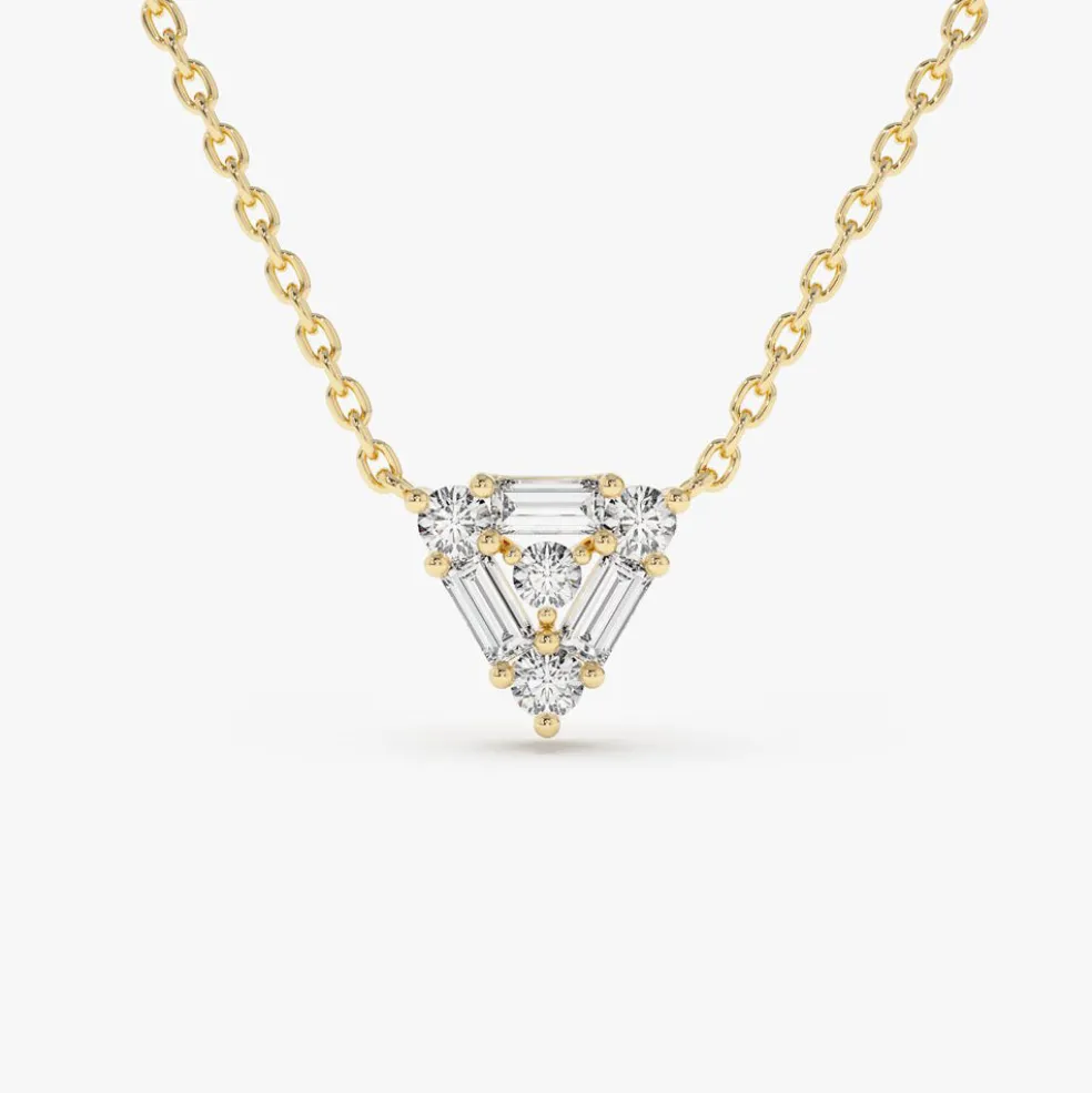 14k Triangle Shaped Round and Baguette Diamond Necklace