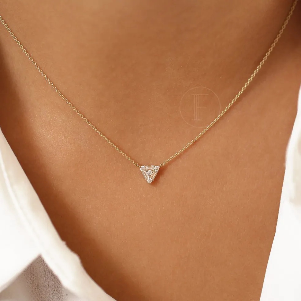 14k Triangle Shaped Round and Baguette Diamond Necklace