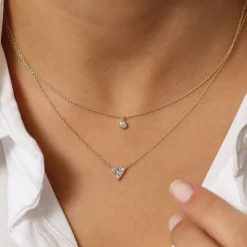 14k Triangle Shaped Round and Baguette Diamond Necklace