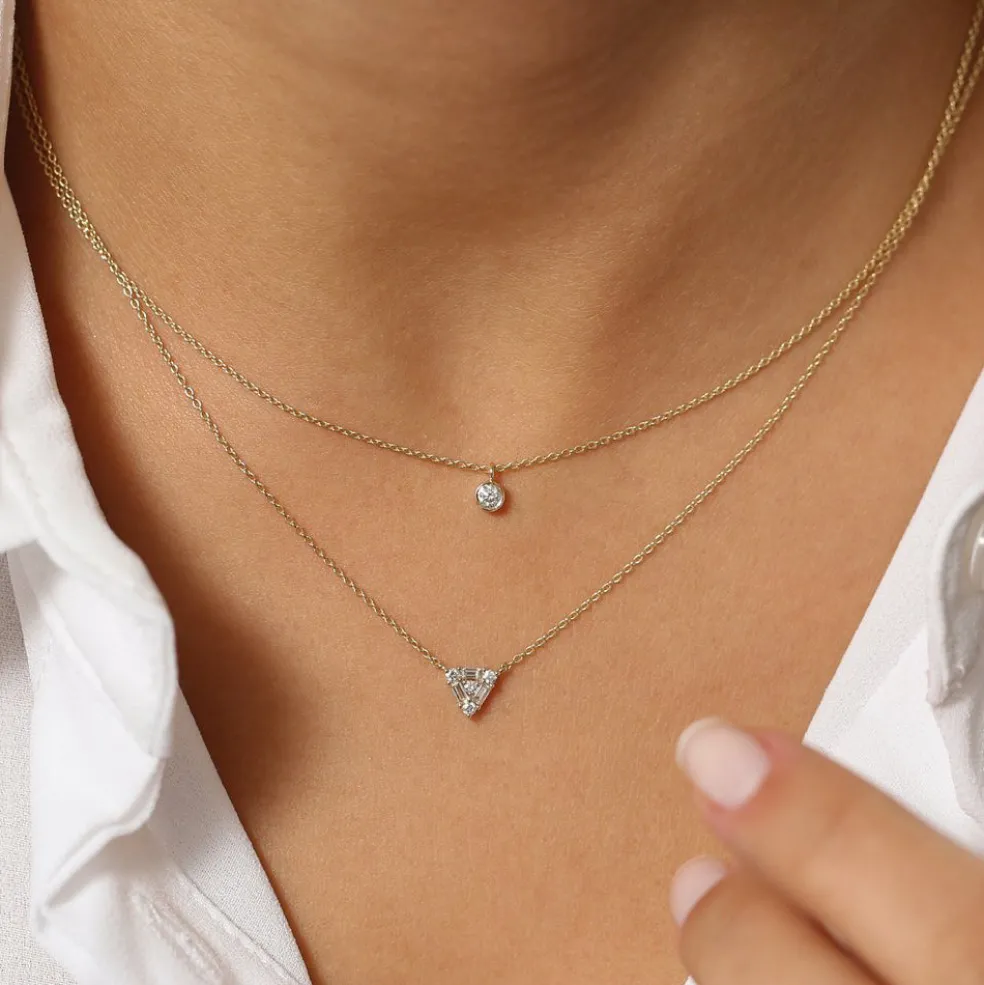 14k Triangle Shaped Round and Baguette Diamond Necklace
