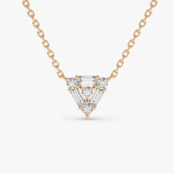 14k Triangle Shaped Round and Baguette Diamond Necklace
