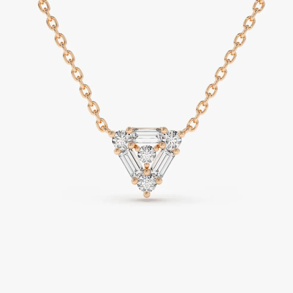 14k Triangle Shaped Round and Baguette Diamond Necklace