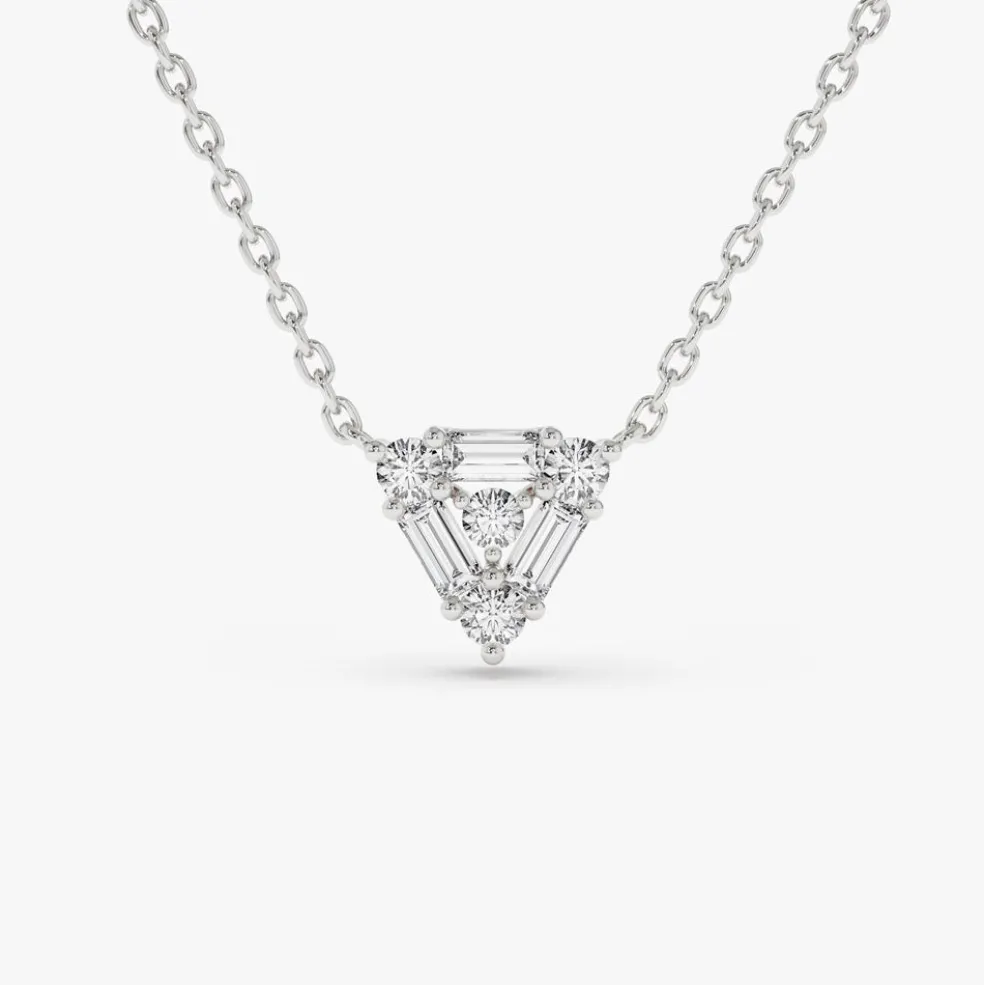 14k Triangle Shaped Round and Baguette Diamond Necklace