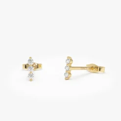14K Triple Diamond Bar Stud Earrings