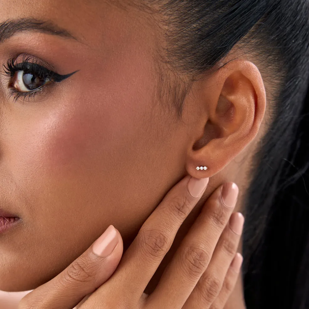 14K Triple Diamond Bar Stud Earrings