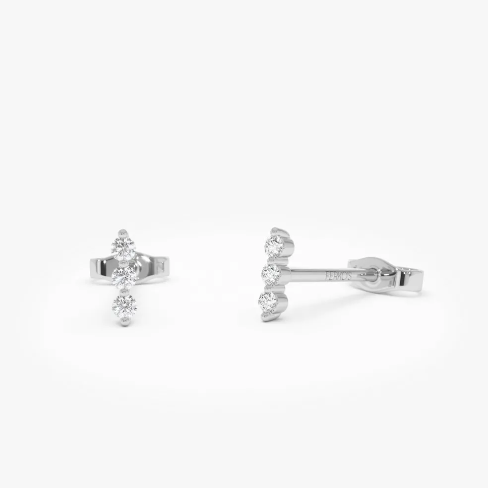 14K Triple Diamond Bar Stud Earrings