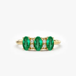14k Triple Oval Emerald Diamond Ring