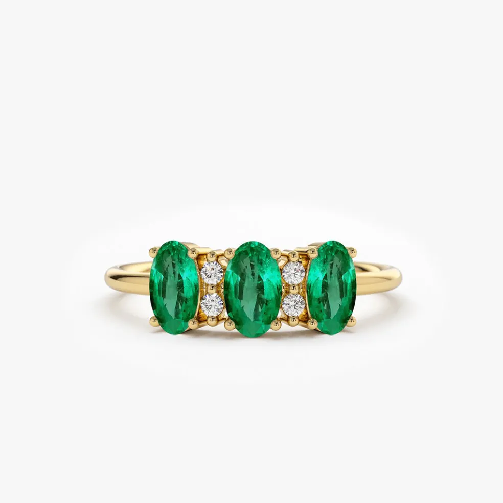 14k Triple Oval Emerald Diamond Ring