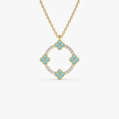 14k Turquoise and Diamond Clover Pendant Necklace