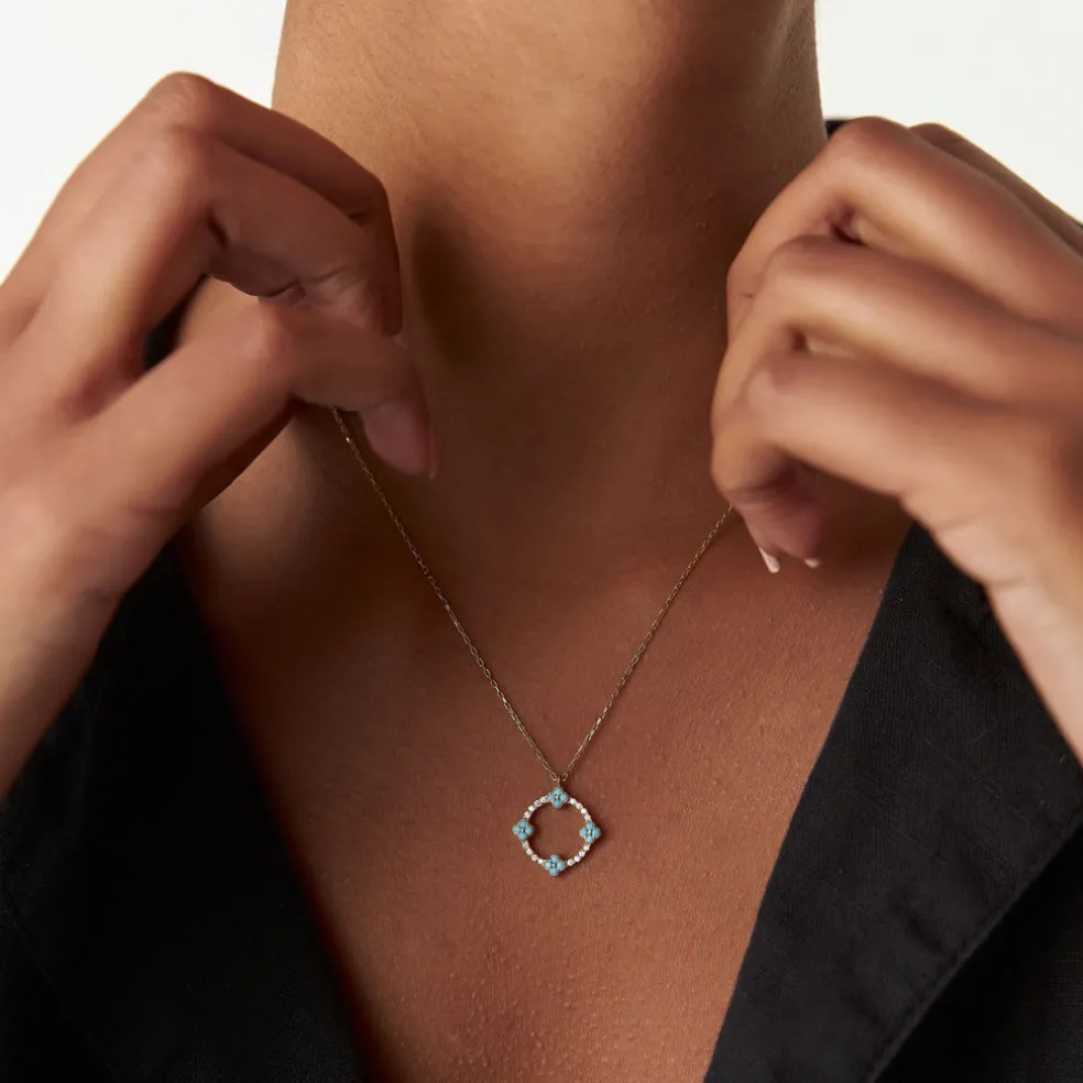 14k Turquoise and Diamond Clover Pendant Necklace