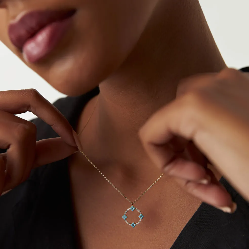 14k Turquoise and Diamond Clover Pendant Necklace