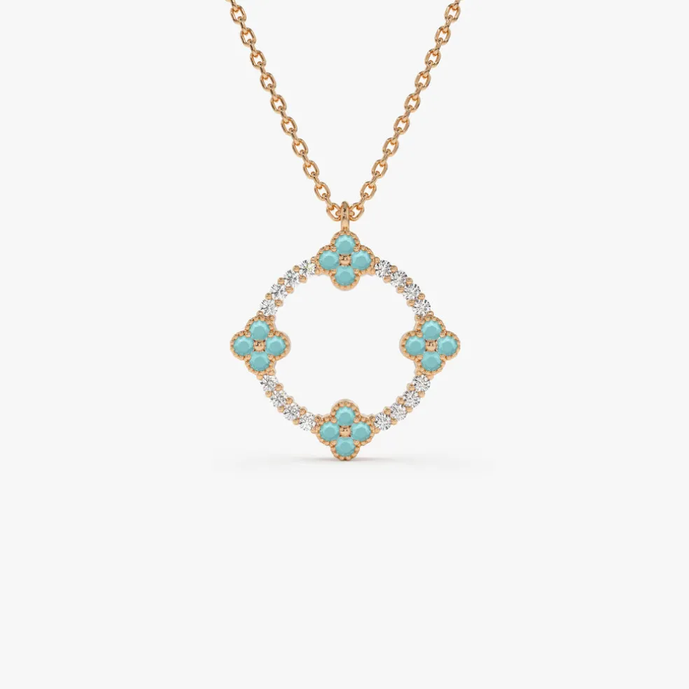 14k Turquoise and Diamond Clover Pendant Necklace