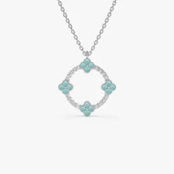 14k Turquoise and Diamond Clover Pendant Necklace