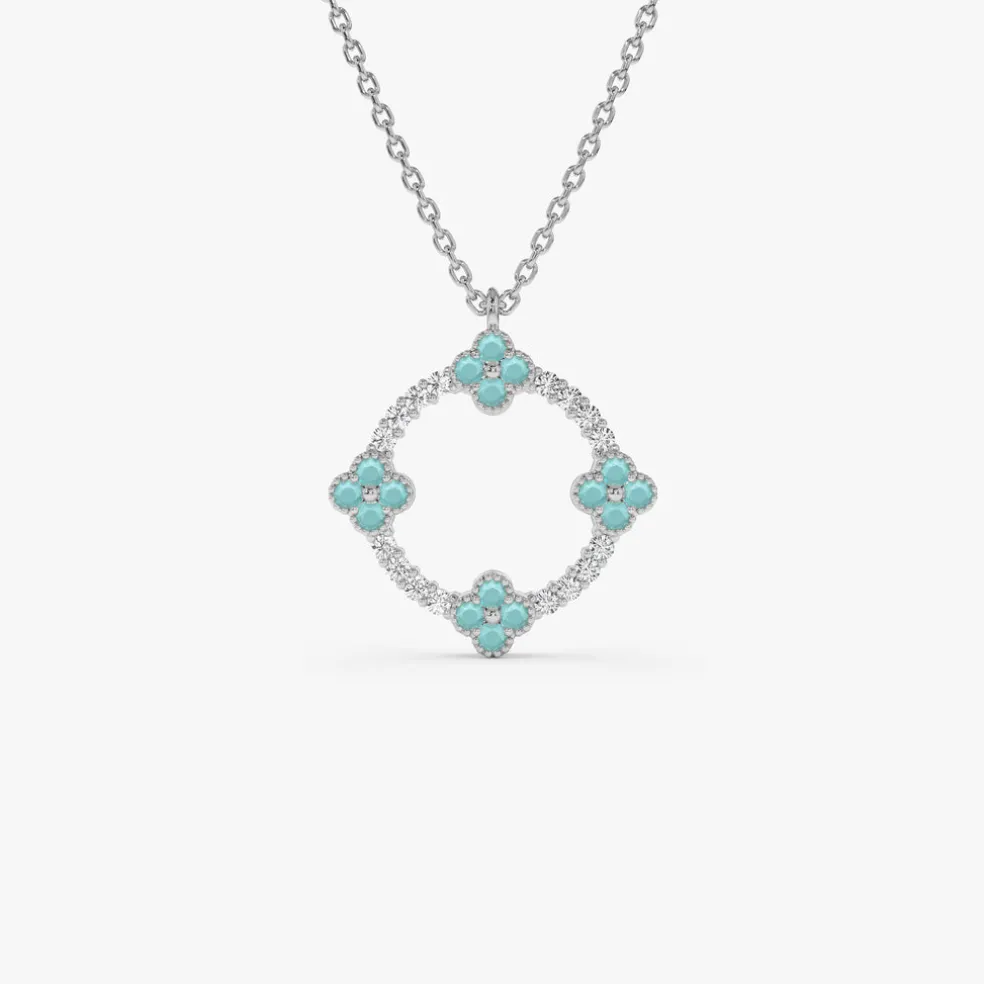 14k Turquoise and Diamond Clover Pendant Necklace
