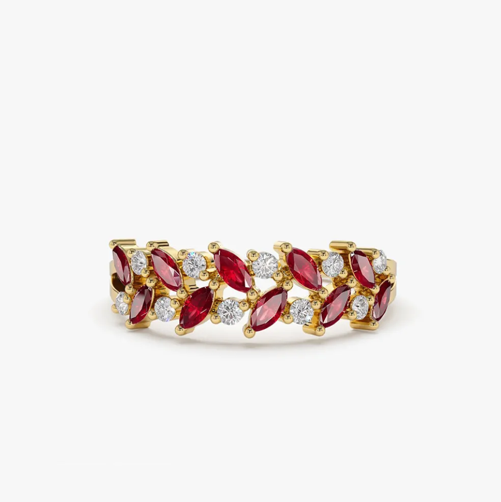 14k Two Rows Marquise Cut Natural Ruby and Diamond Ring