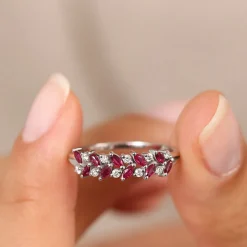 14k Two Rows Marquise Cut Natural Ruby and Diamond Ring