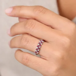 14k Two Rows Marquise Cut Natural Ruby and Diamond Ring